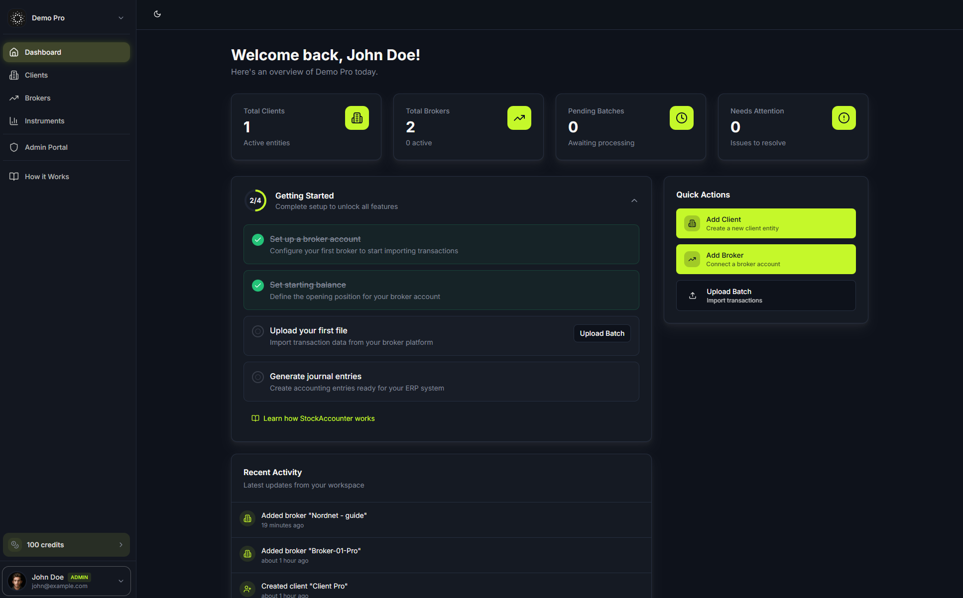 StockAccounter dashboard – oversikt over klienter, meglere og transaksjoner